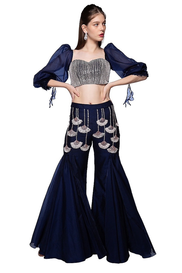 Navy Blue Embroidered Pants With Bustier by MASUMI MEWAWALLA