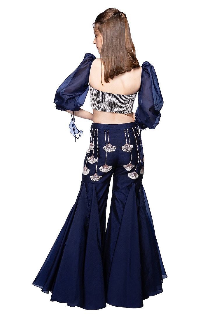 Navy Blue Embroidered Pants With Bustier by MASUMI MEWAWALLA at Pernia's Pop Up Shop