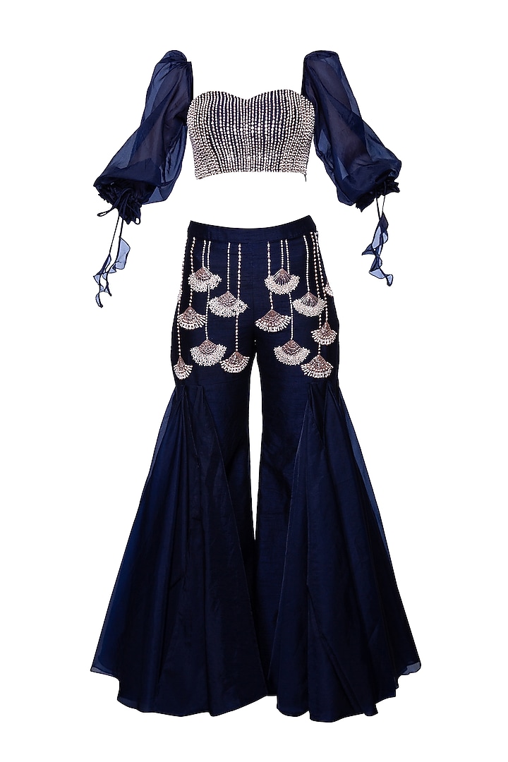 Navy Blue Embroidered Pants With Bustier by MASUMI MEWAWALLA at Pernia's Pop Up Shop