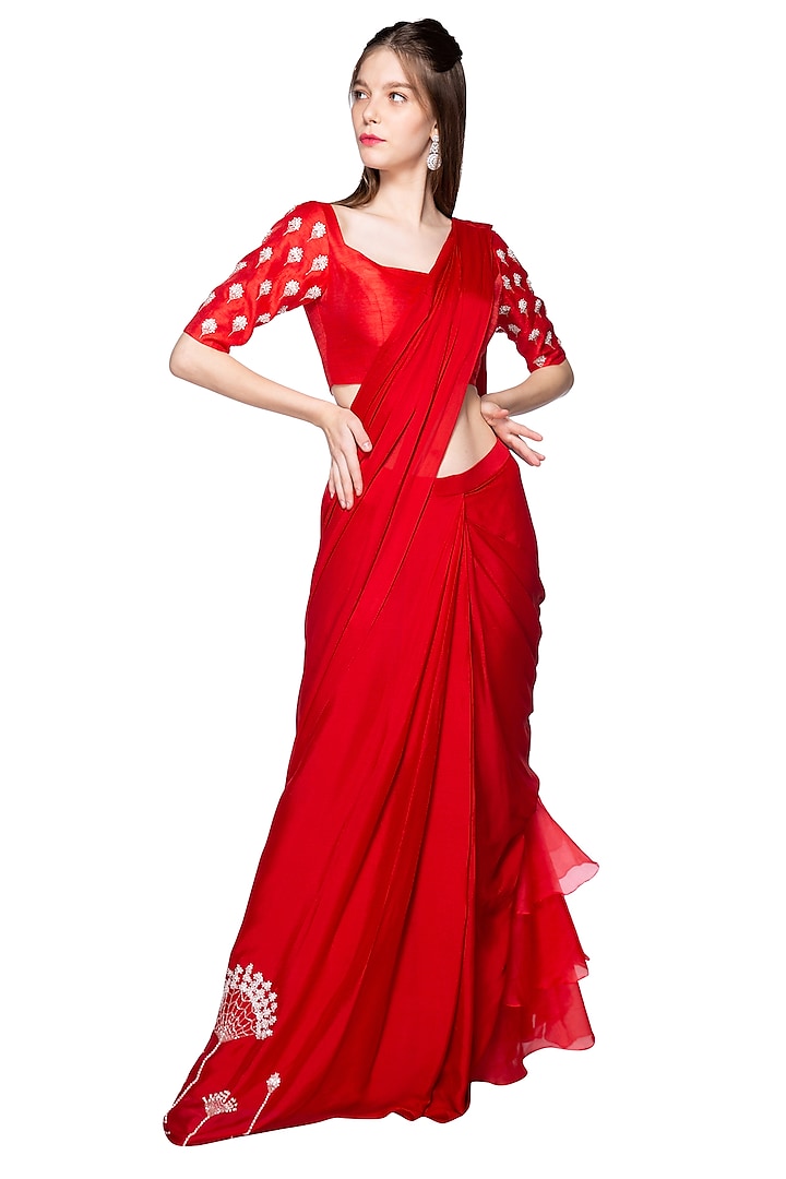 Red Pleated & Embroidered Saree Set by MASUMI MEWAWALLA