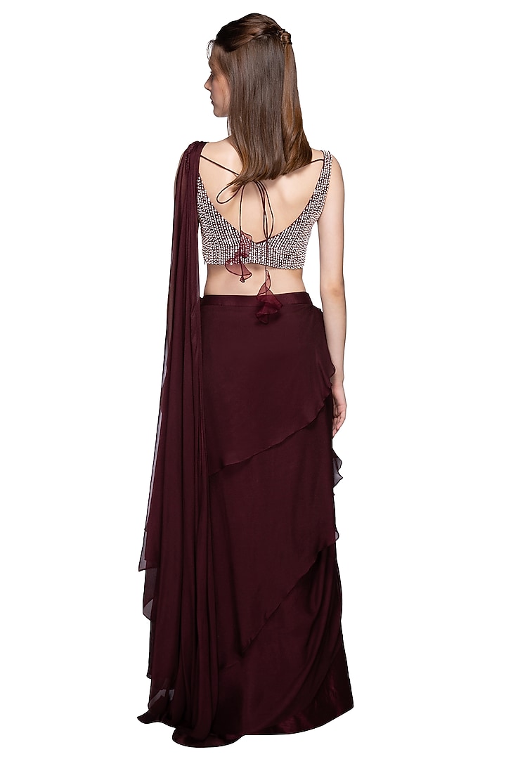 Wine Dupion & Crepe Palazzo Pant Wedding Saree Set by MASUMI MEWAWALLA at Pernia's Pop Up Shop