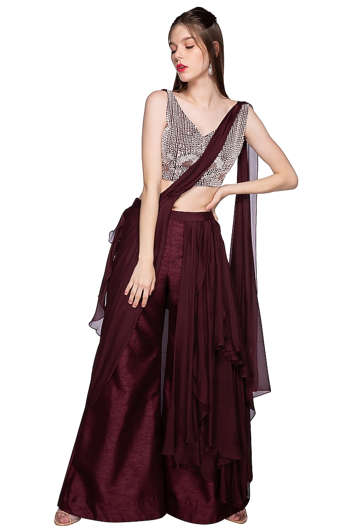 Wine Dupion & Crepe Palazzo Pant Wedding Saree Set by MASUMI MEWAWALLA at Pernia's Pop Up Shop