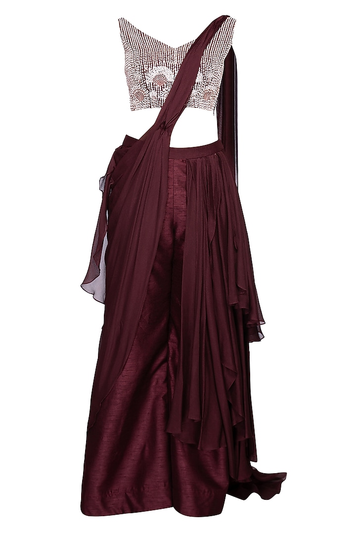Wine Dupion & Crepe Palazzo Pant Wedding Saree Set by MASUMI MEWAWALLA at Pernia's Pop Up Shop