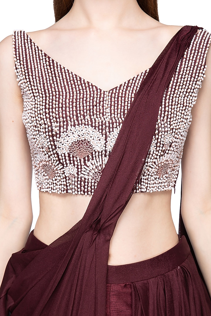 Wine Dupion & Crepe Palazzo Pant Wedding Saree Set by MASUMI MEWAWALLA at Pernia's Pop Up Shop