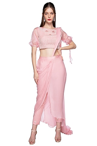 Rose Pink Organza & Crepe Pants Saree Set by MASUMI MEWAWALLA