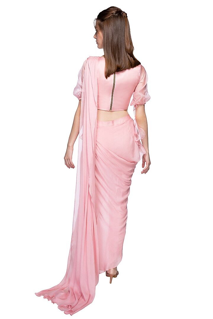 Rose Pink Organza & Crepe Pants Wedding Saree Set by MASUMI MEWAWALLA at Pernia's Pop Up Shop