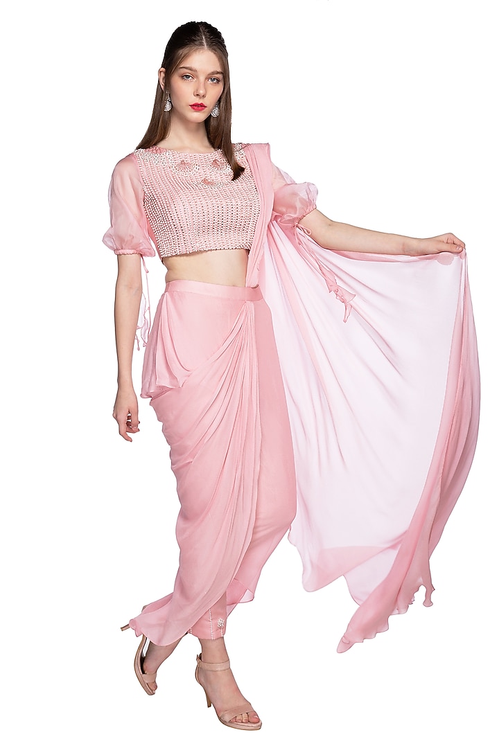 Rose Pink Organza & Crepe Pants Wedding Saree Set by MASUMI MEWAWALLA at Pernia's Pop Up Shop