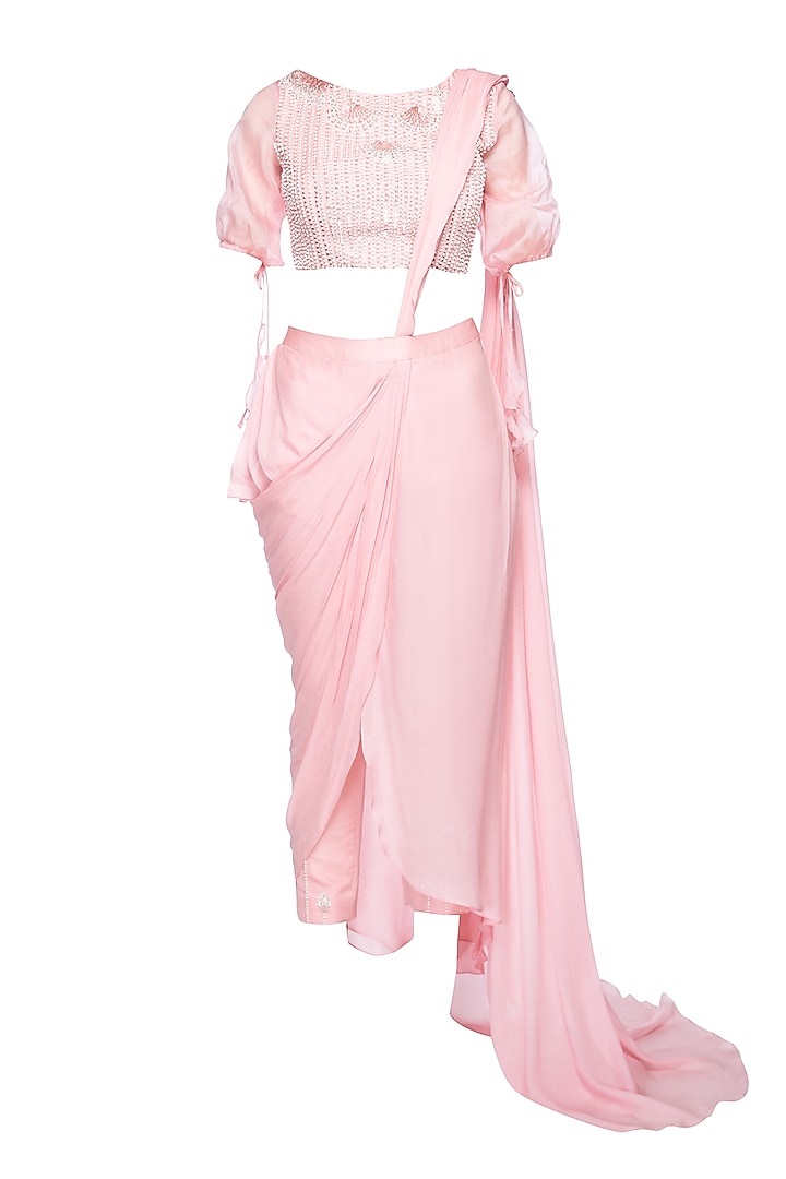 Rose Pink Organza & Crepe Pants Wedding Saree Set by MASUMI MEWAWALLA at Pernia's Pop Up Shop