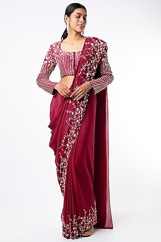Wine Crepe & Dupion Saree Set by MASUMI MEWAWALLA