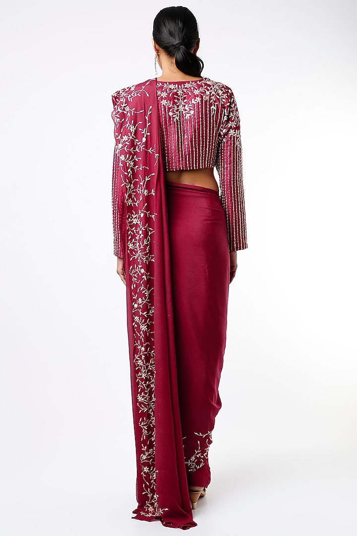 Wine Crepe & Dupion Wedding Saree Set by MASUMI MEWAWALLA at Pernia's Pop Up Shop