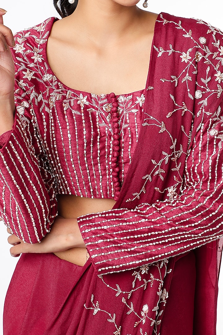 Wine Crepe & Dupion Wedding Saree Set by MASUMI MEWAWALLA at Pernia's Pop Up Shop