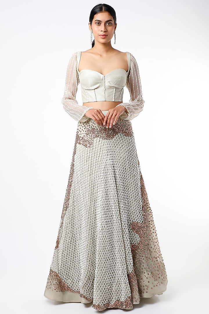 Sage Green Organza Wedding Lehenga Set by MASUMI MEWAWALLA at Pernia's Pop Up Shop