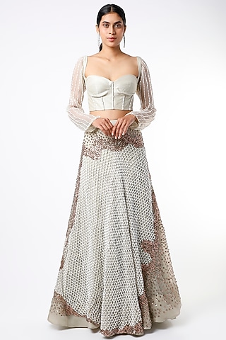 Sage Green Organza Lehenga Set by MASUMI MEWAWALLA