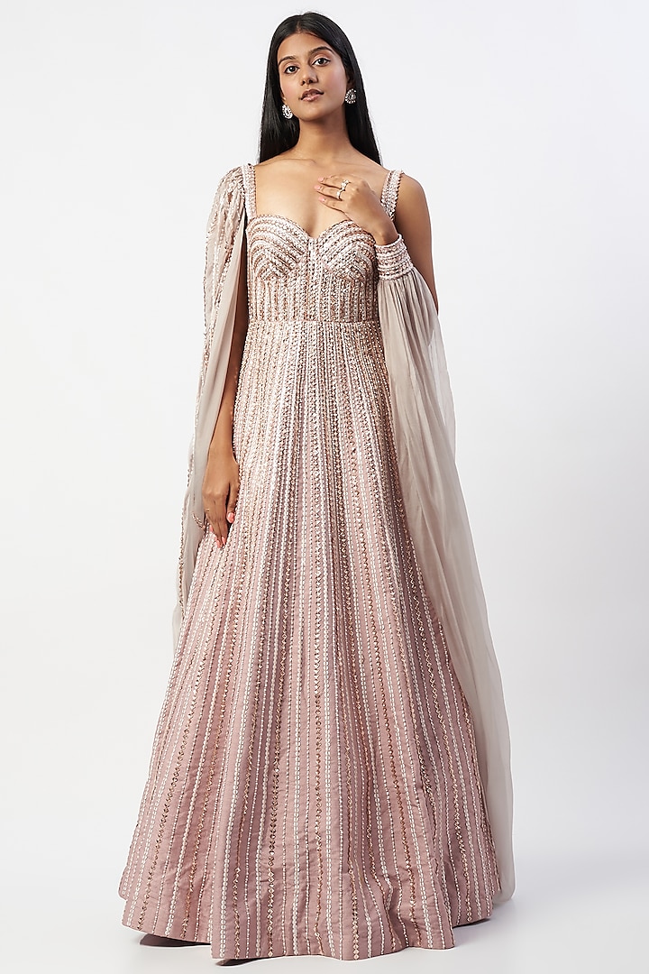 Dusted Lilac Embroidered Gown by MASUMI MEWAWALLA