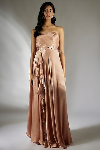 Rose Gold Gajji Draped Maxi Dress by MASUMI MEWAWALLA