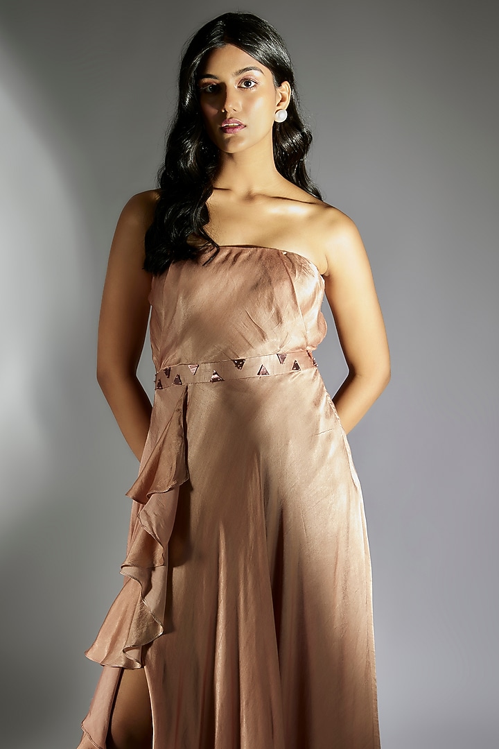 Rose Gold Gajji Draped Maxi Summer Dress by MASUMI MEWAWALLA at Pernia's Pop Up Shop