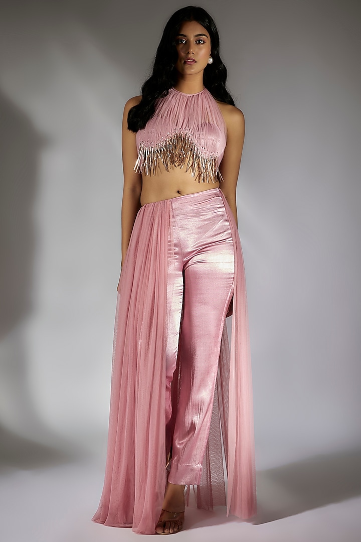 Onion Pink Mashru & Soft Net Co-Ord Set by MASUMI MEWAWALLA at Pernia's Pop Up Shop