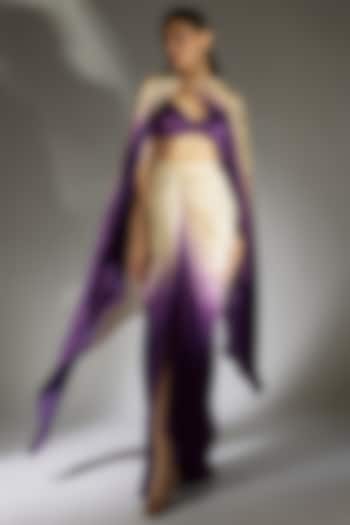 Purple & Beige Ombre Gajji Skirt Set by MASUMI MEWAWALLA