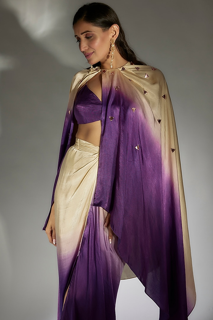 Purple & Beige Ombre Gajji Skirt Set by MASUMI MEWAWALLA at Pernia's Pop Up Shop