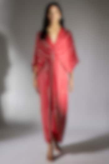 Red Shantoon & Crepe Embroidered Maxi Vacation Dress by MASUMI MEWAWALLA at Pernia's Pop Up Shop