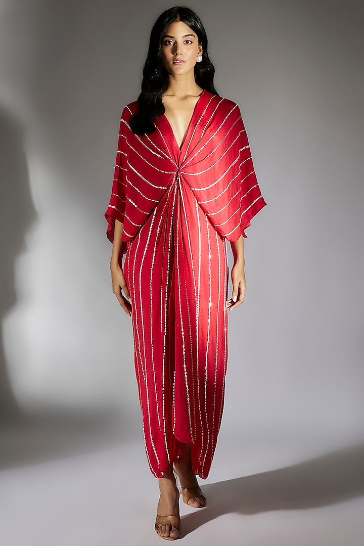Red Shantoon & Crepe Embroidered Maxi Vacation Dress by MASUMI MEWAWALLA at Pernia's Pop Up Shop