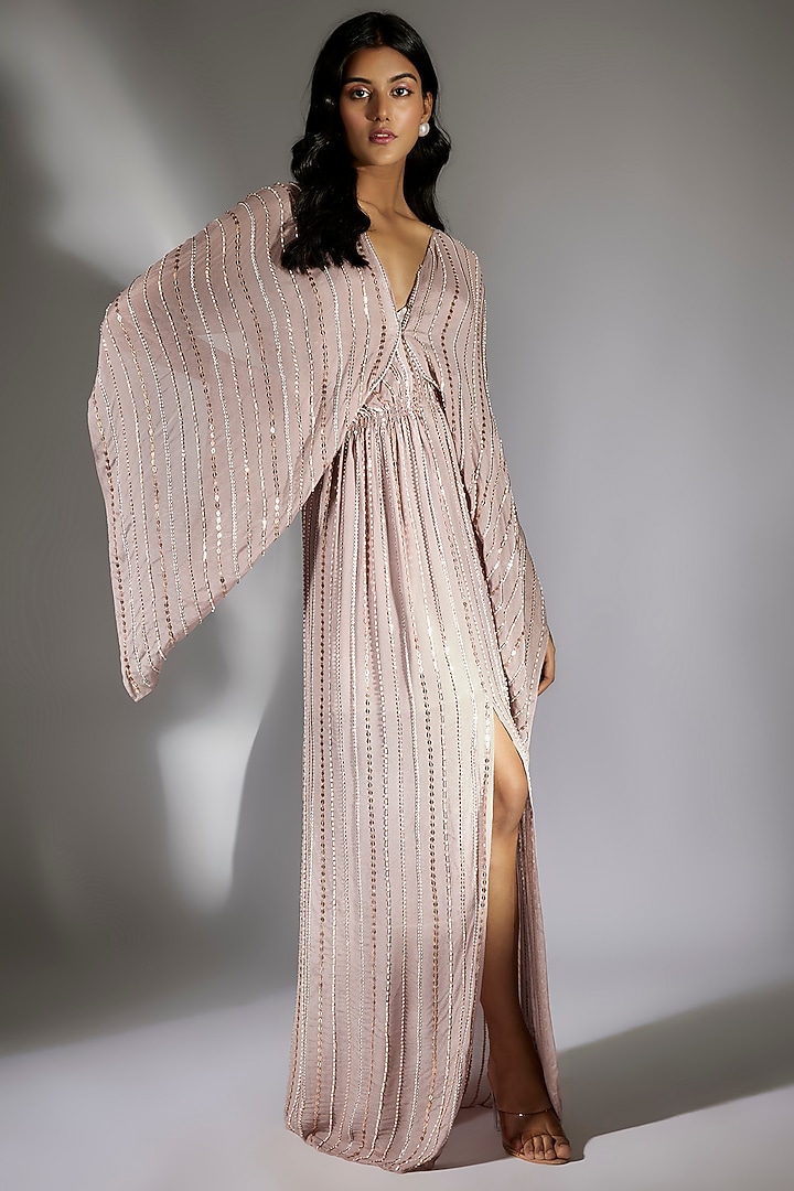 Mauve Shantoon & Crepe Embroidered Maxi Cocktail Dress by MASUMI MEWAWALLA at Pernia's Pop Up Shop