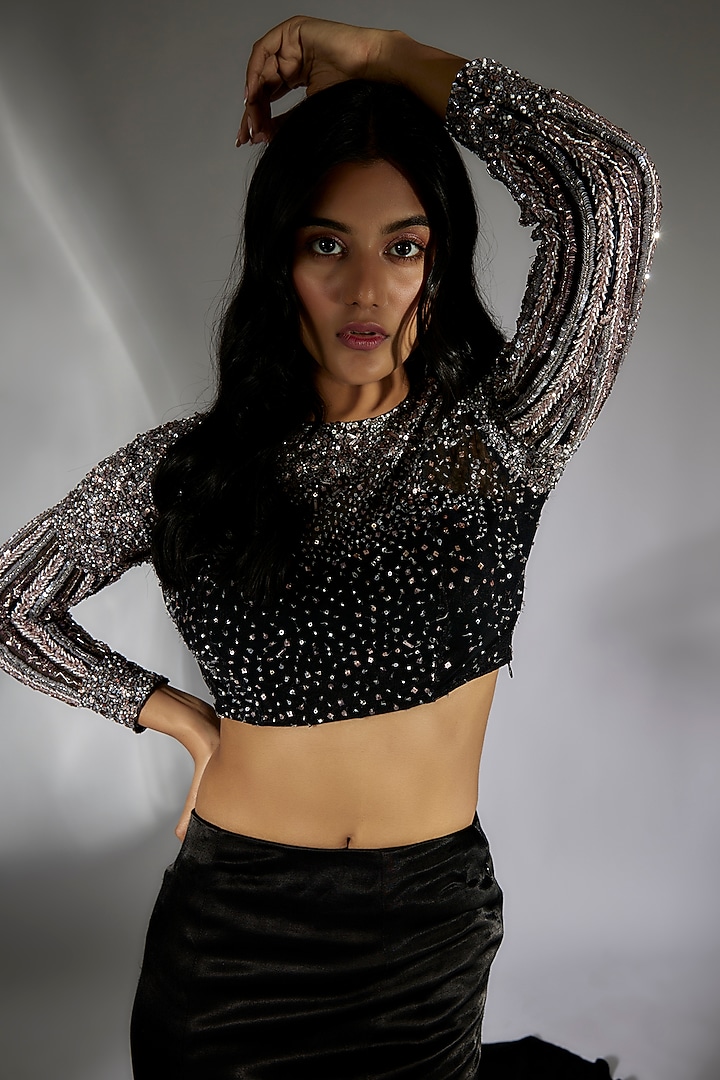 Black Mashru Skirt Set by MASUMI MEWAWALLA at Pernia's Pop Up Shop