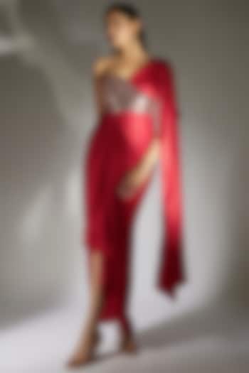 Red Gajji Embroidered Draped Dress by MASUMI MEWAWALLA