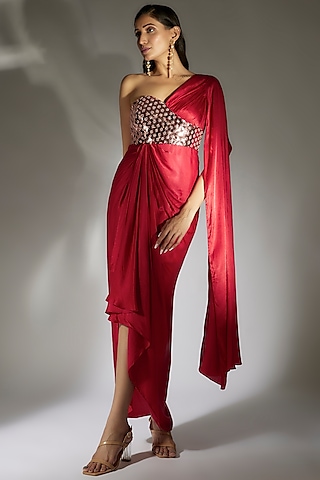 Red Gajji Embroidered Draped Dress by MASUMI MEWAWALLA