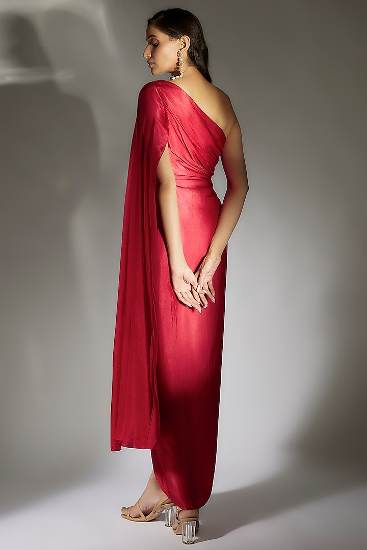 Red Gajji Embroidered Draped Vacation Dress by MASUMI MEWAWALLA at Pernia's Pop Up Shop