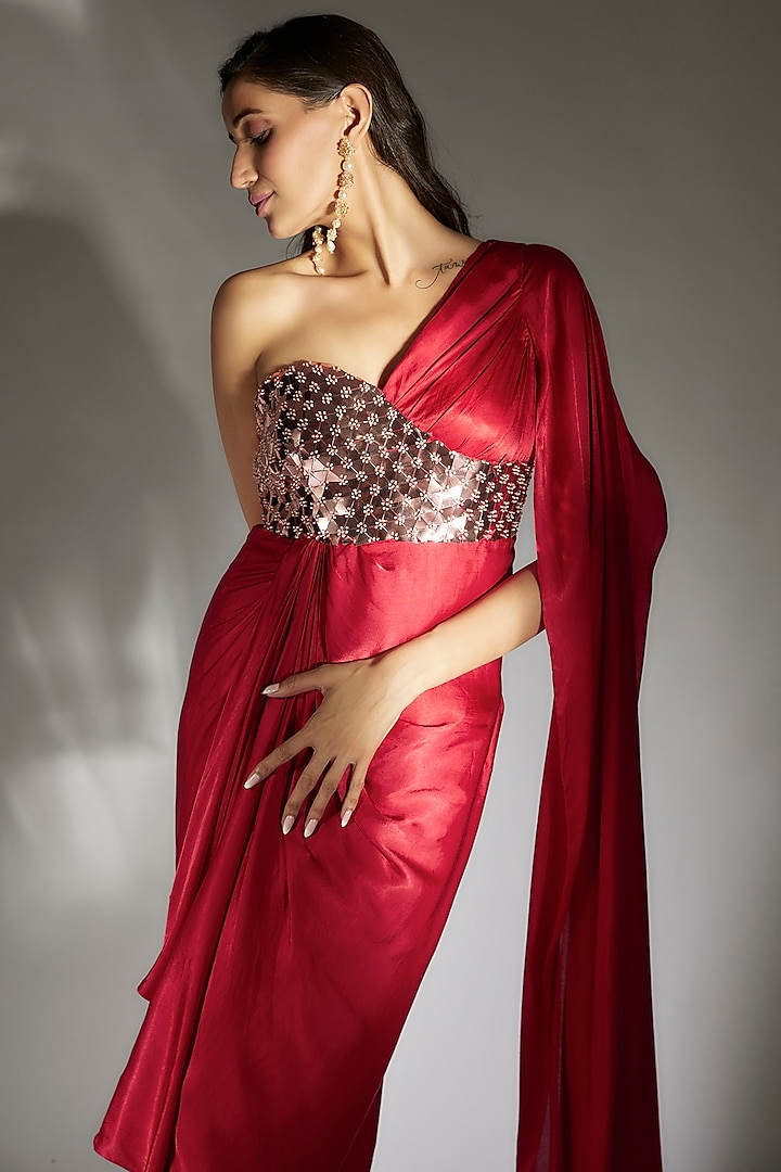 Red Gajji Embroidered Draped Vacation Dress by MASUMI MEWAWALLA at Pernia's Pop Up Shop