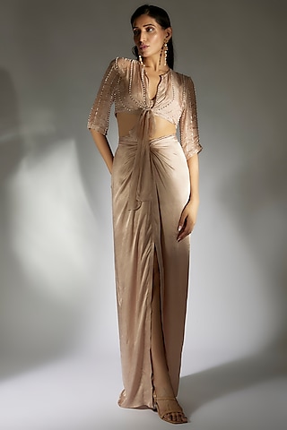 Beige Gajji & Tabby Skirt Set by MASUMI MEWAWALLA
