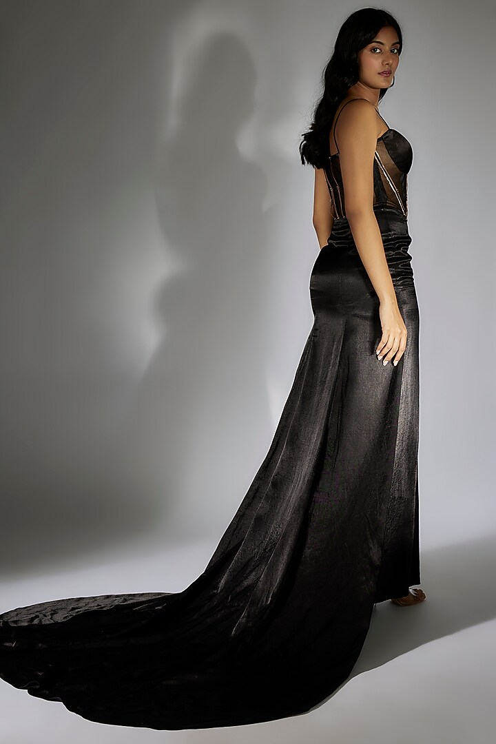 Black Mashru & Soft Net Embroidered Corset Party Wear Gown by MASUMI MEWAWALLA at Pernia's Pop Up Shop