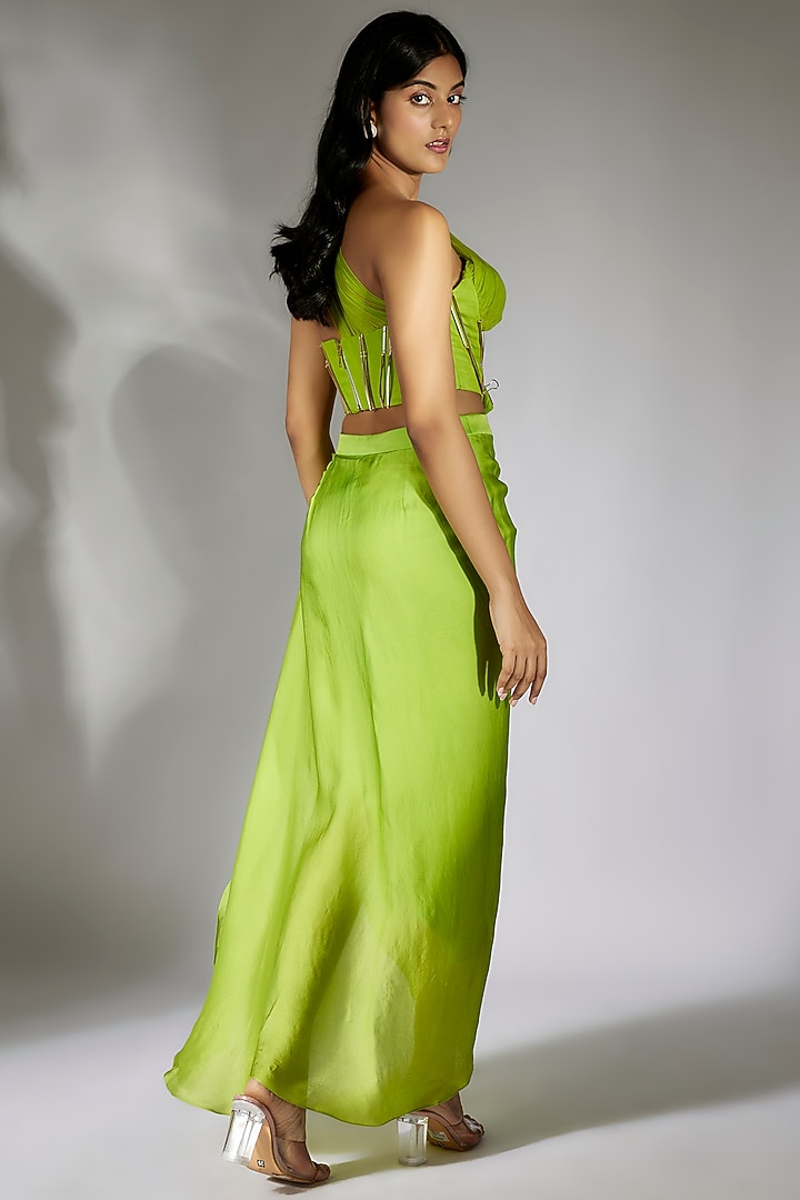 Green Satin Organza & Soft Net Skirt Set by MASUMI MEWAWALLA at Pernia's Pop Up Shop