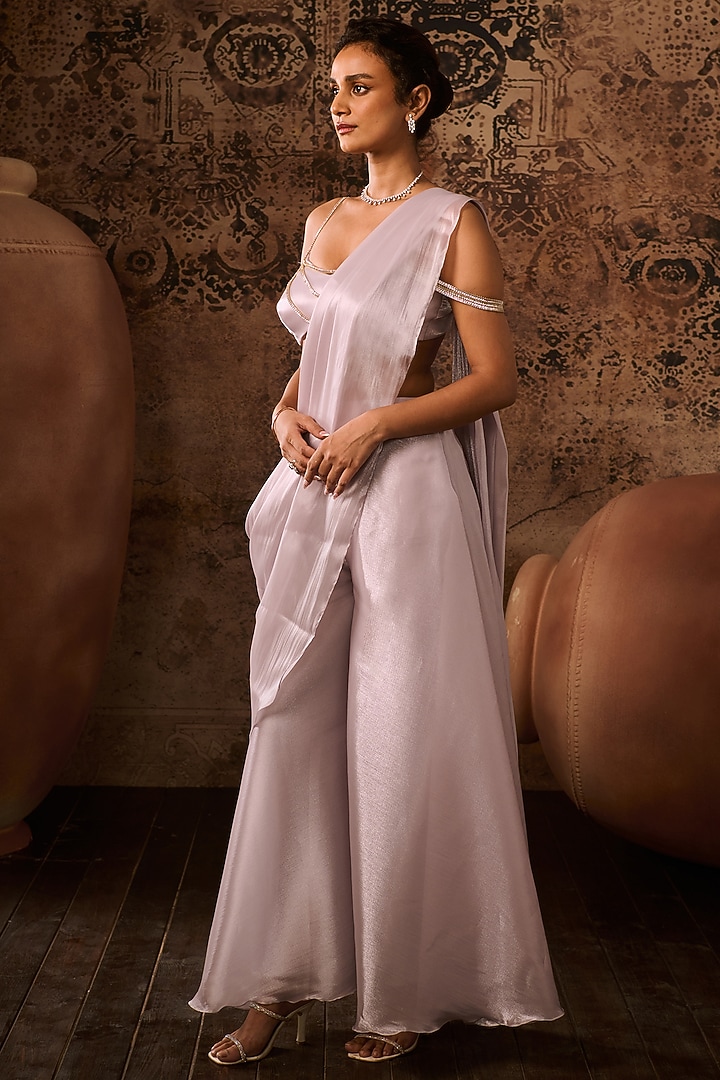 Silver-Lilac Organza Silk Palazzo Pant Party Wear Saree Set by Masumi Mewawalla at Pernia's Pop Up Shop