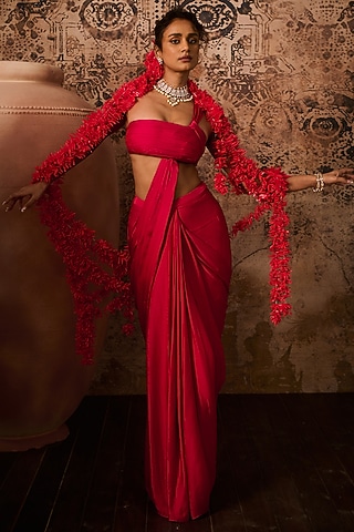 Hot Pink Natural Crepe Skirt Saree Set by Masumi Mewawalla