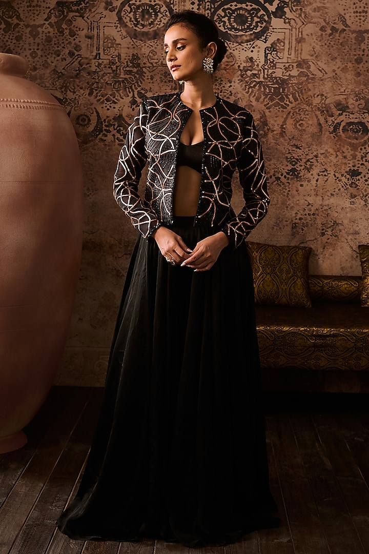 Black Mashroo Embroidered Jacket Set by Masumi Mewawalla at Pernia's Pop Up Shop