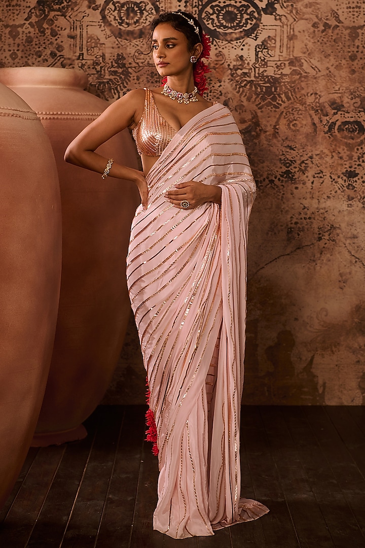 Baby Pink Natural Crepe Embroidered Reception Saree Set by Masumi Mewawalla at Pernia's Pop Up Shop