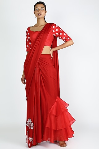 Red Dupion & Organza Cutdana Embroidered Ruffled Pre-Stitched Saree&nbsp;Set by MASUMI MEWAWALLA