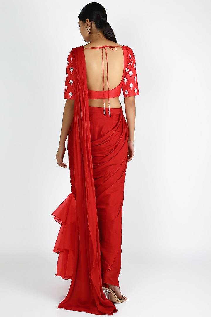 Red Dupion & Organza Cutdana Embroidered Ruffled Pre-Stitched Party Wear Saree Set by MASUMI MEWAWALLA at Pernia's Pop Up Shop