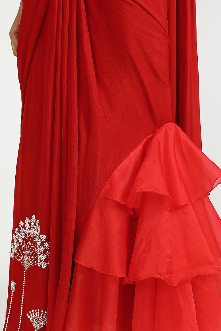 Red Dupion & Organza Cutdana Embroidered Ruffled Pre-Stitched Party Wear Saree Set by MASUMI MEWAWALLA at Pernia's Pop Up Shop