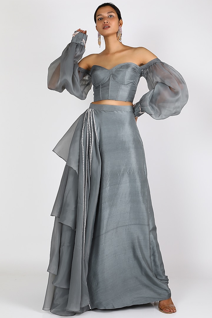 Grey Dupion & Organza Cutdana Embroidered Wedding Lehenga Set by MASUMI MEWAWALLA at Pernia's Pop Up Shop