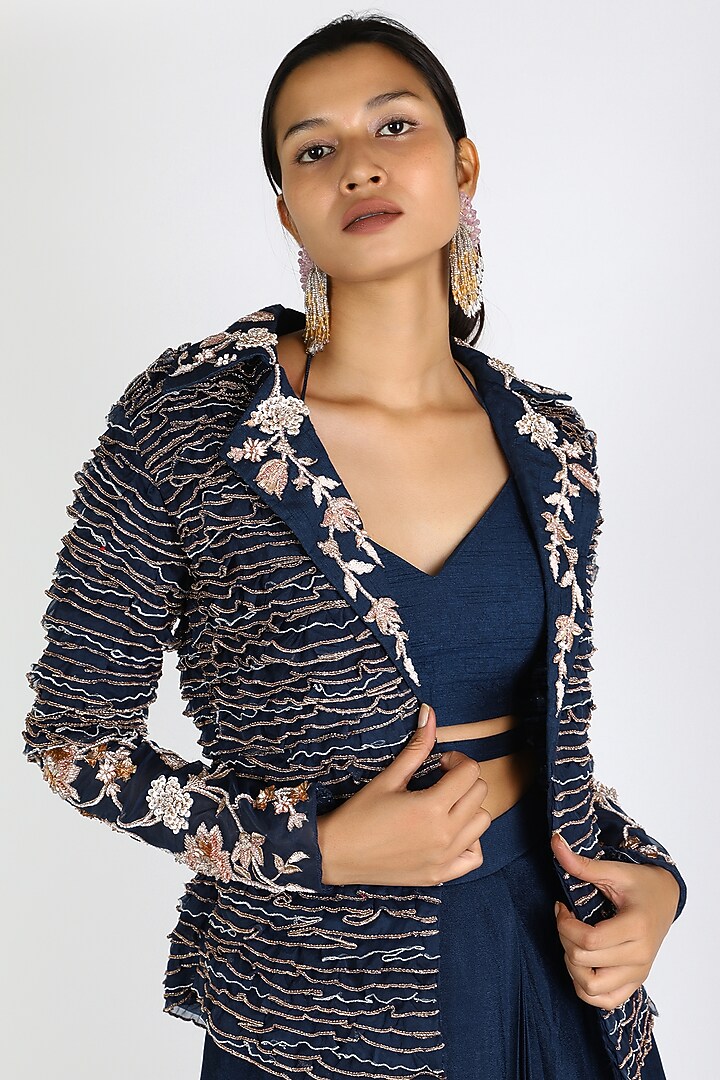 Navy Blue Embroidered Ruffled Jacet Set by MASUMI MEWAWALLA at Pernia's Pop Up Shop