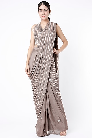 Brown Crepe Embroidered Saree Set by MASUMI MEWAWALLA