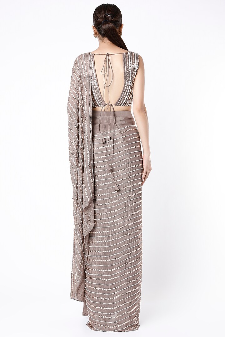 Brown Crepe Embroidered Wedding Saree Set by MASUMI MEWAWALLA at Pernia's Pop Up Shop