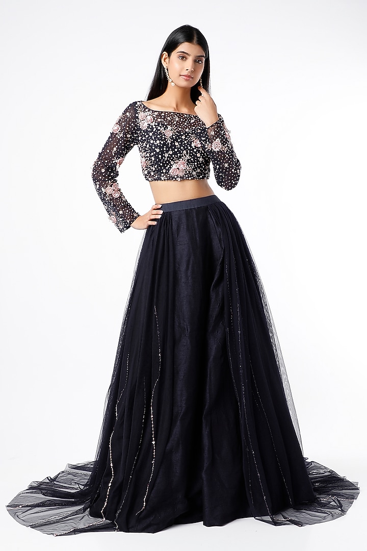 Navy Blue Ruched Wedding Lehenga Set by MASUMI MEWAWALLA at Pernia's Pop Up Shop