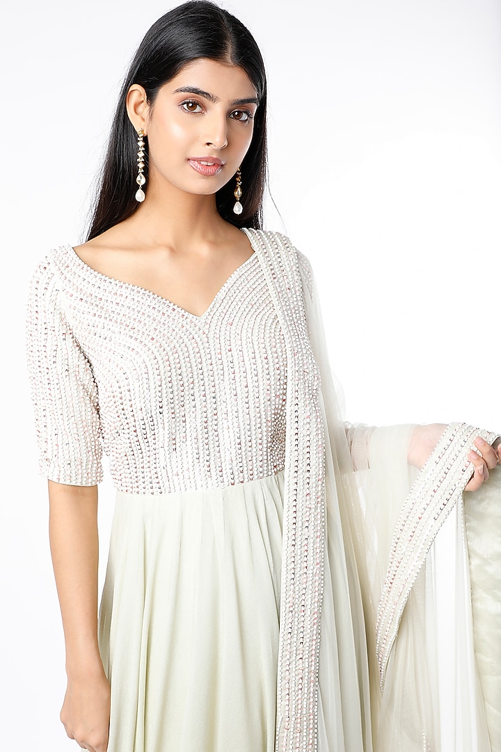Sage Green Embroidered Wedding Anarkali Set by MASUMI MEWAWALLA at Pernia's Pop Up Shop