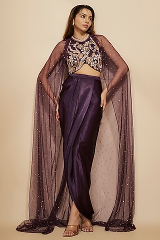 Wine Mashru Cape Set by Masumi Mewawalla