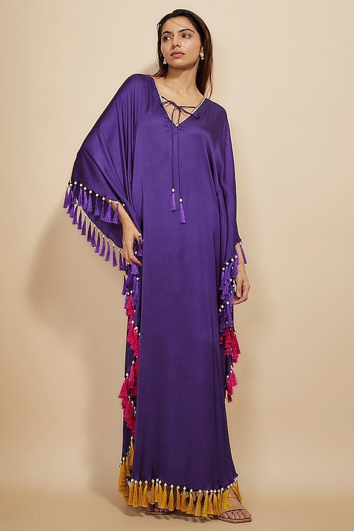 Purple Modal Satin Hand Embroidered Kaftan by Masumi Mewawalla at Pernia's Pop Up Shop