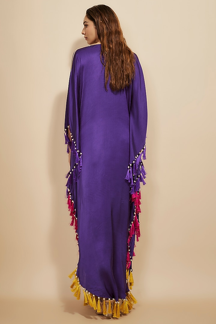 Purple Modal Satin Hand Embroidered Kaftan by Masumi Mewawalla at Pernia's Pop Up Shop